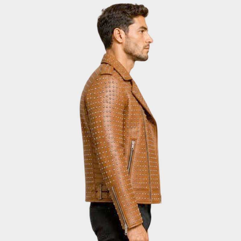 Stylish brown punk rock leather biker jacket with silver stud accents by Jackets Kingdom
