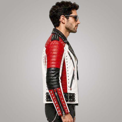 Stylish men's cowhide biker jacket featuring red quilted shoulders and hand applied studs by Jackets Kingdom