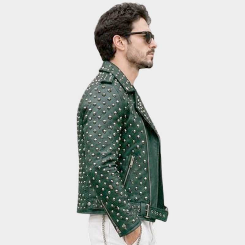 Stylish dark green leather biker coat with silver rivets and asymmetrical zipper by Jackets Kingdom