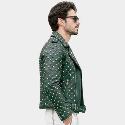 Stylish dark green leather biker coat with silver rivets and asymmetrical zipper by Jackets Kingdom