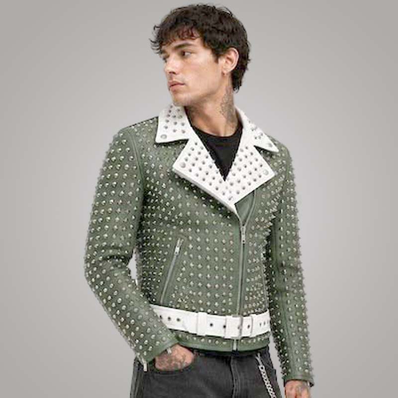 Stylish green cowhide biker jacket for sale featuring silver studs and white contrast collar