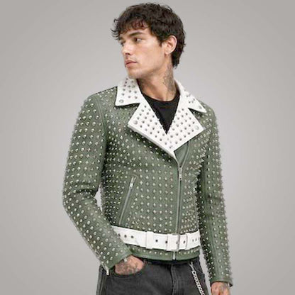 Stylish green cowhide biker jacket for sale featuring silver studs and white contrast collar