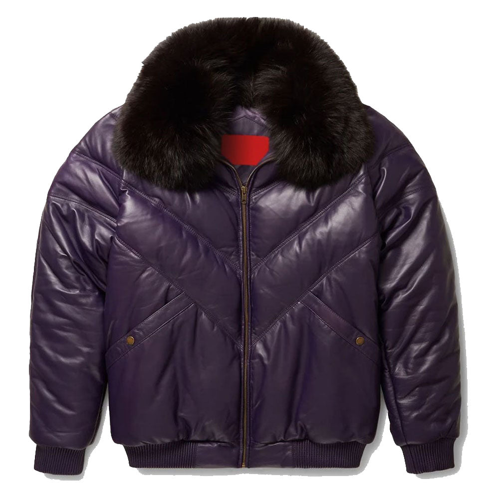 Stylish Purple Leather V-Bomber Jacket | Trendy Outerwear