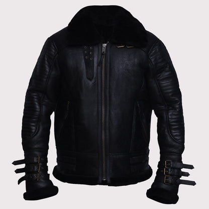 Stylish Men's Black Biker Shearling Jacket