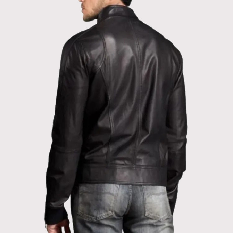 Stylish Men's Leather Bomber Jacket with Stand Collar