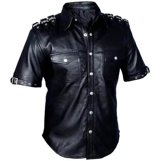 Stylish Napa Leather T-shirt with Buckles