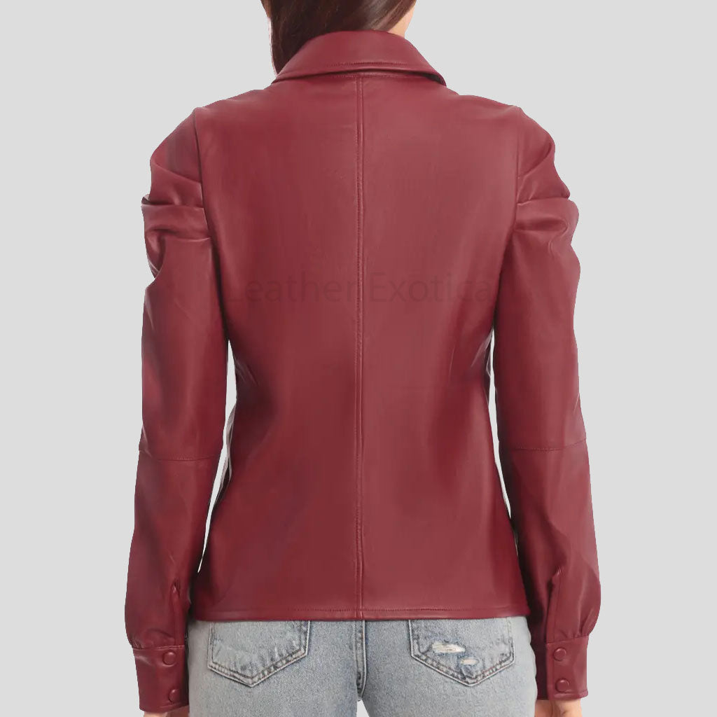 Stylish Red Puffed Sleeves Leather Shirt for Women