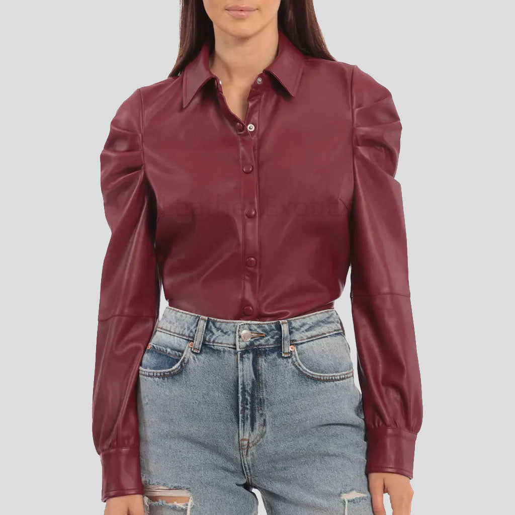 Stylish Red Puffed Sleeves Leather Shirt for Women