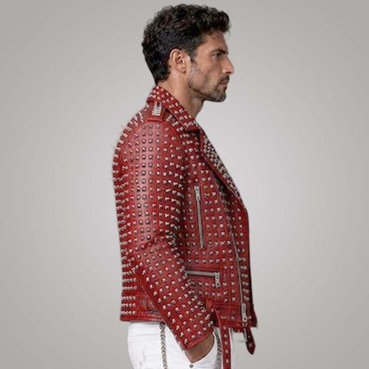Stylish red spiked biker jacket for men designed for punk fashion and streetwear looks.