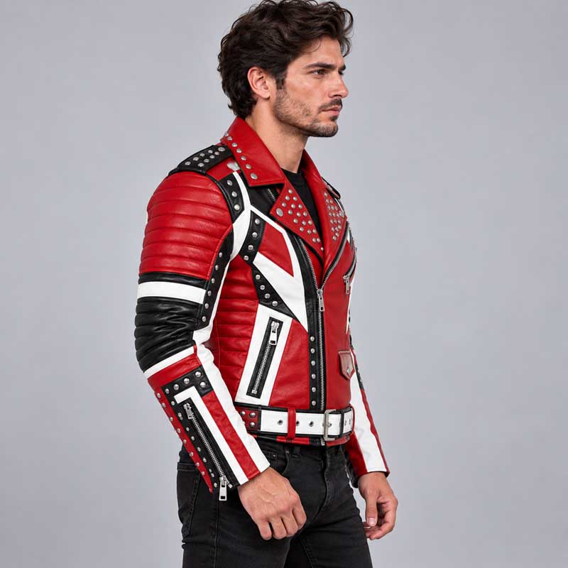 Men's Red Cowhide Leather Biker Jacket with Silver Studs, Spikes and Racing Stripes