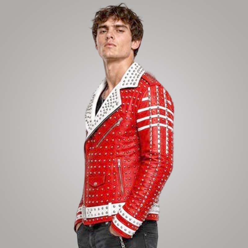 Stylish red and white leather moto jacket with racing stripe accents for men