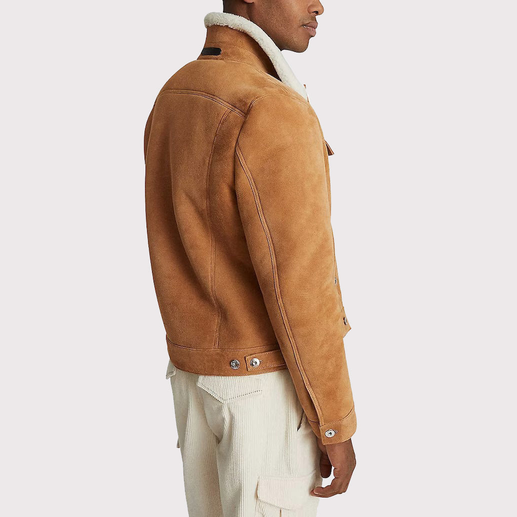 Suede Trucker Leather Jacket with Faux Shearling Collar