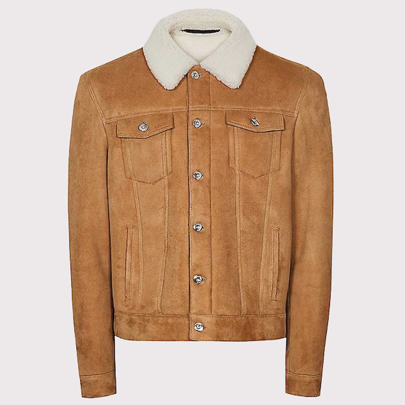 Suede Trucker Leather Jacket with Faux Shearling Collar