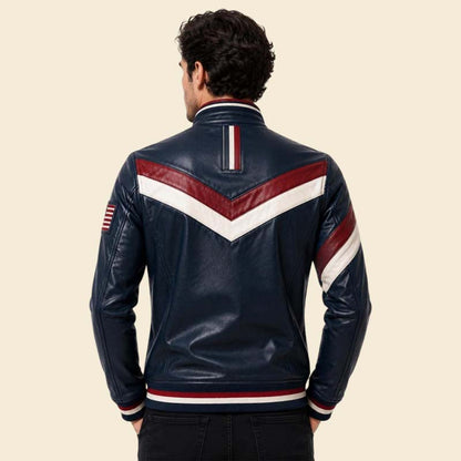 Stylish USA flag leather motorcycle jacket with stand collar by Jackets Kingdom