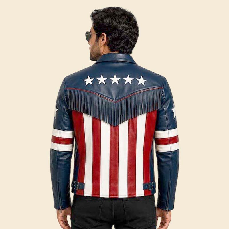 Stylish USA flag Western leather coat with fringe detailing by Jackets Kingdom