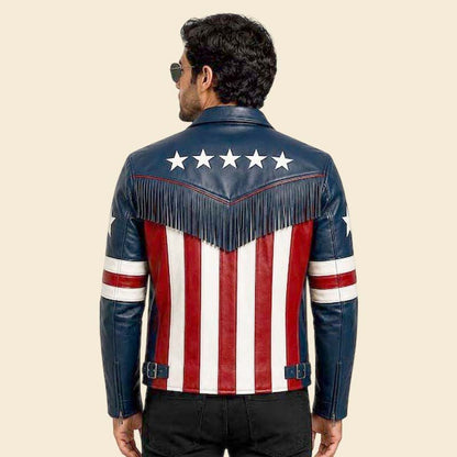 Stylish USA flag Western leather coat with fringe detailing by Jackets Kingdom