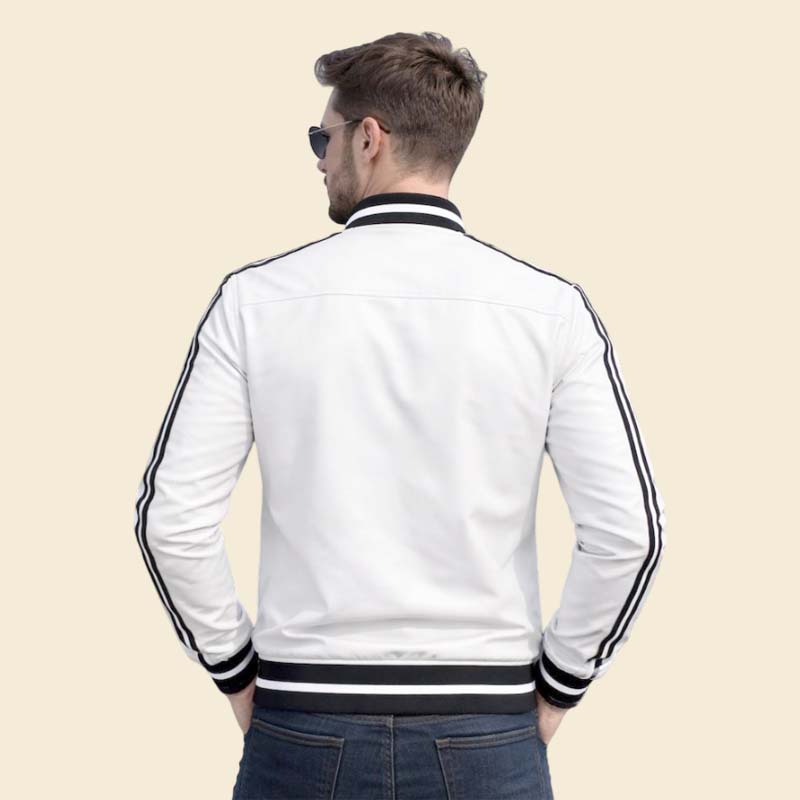Stylish white leather bomber coat with black sleeve stripes by Jackets Kingdom