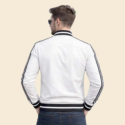 Stylish white leather bomber coat with black sleeve stripes by Jackets Kingdom