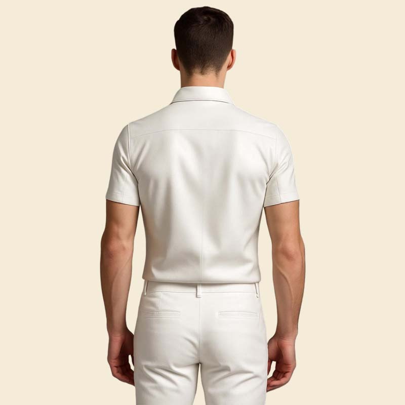 Stylish white leather shirt for men with black button detail by Jackets Kingdom