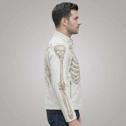 Stylish white motorcycle leather jacket with gothic skeleton design for men