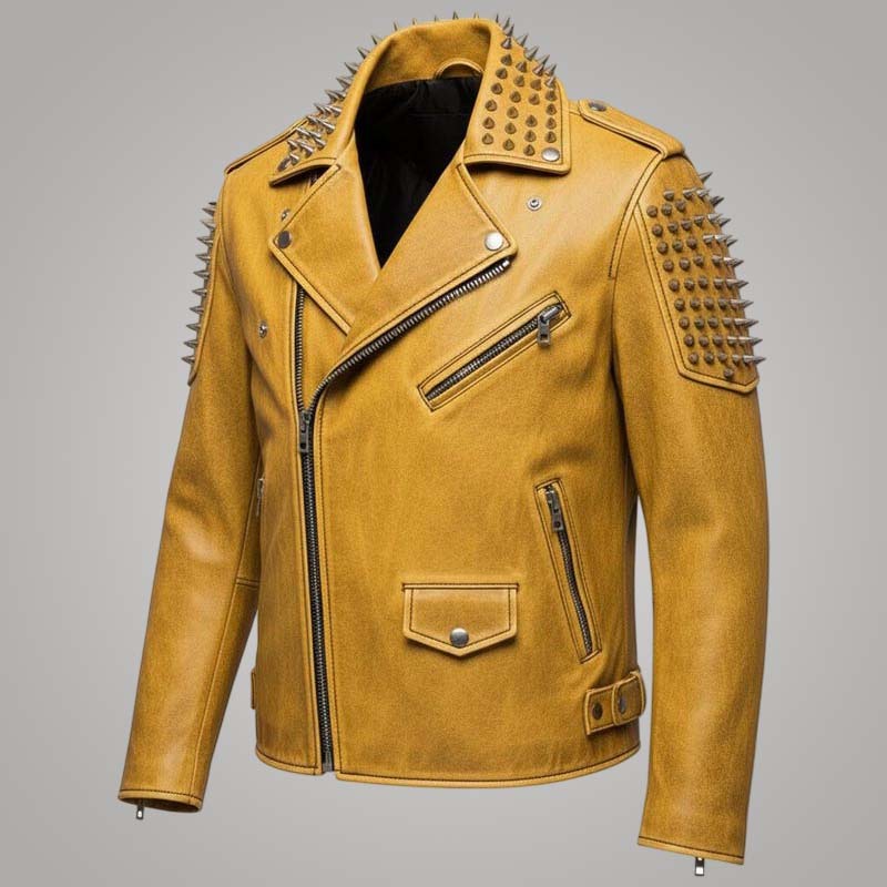 Stylish yellow gothic biker leather jacket for men with bold skull artwork by Jackets Kingdom