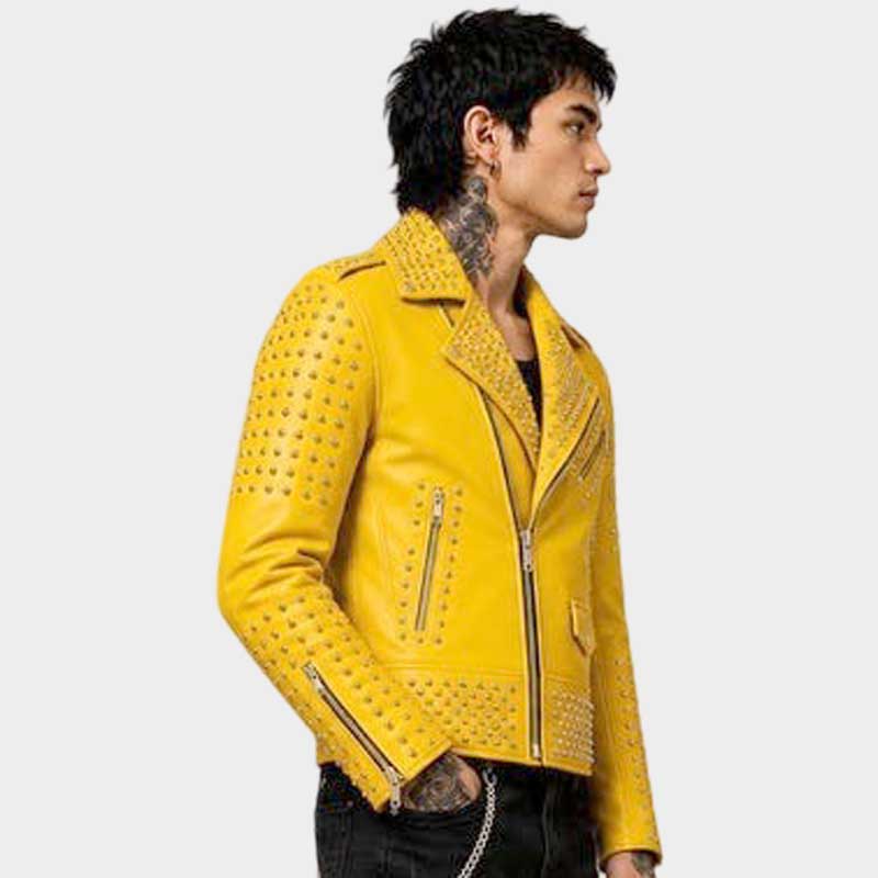 Stylish men's yellow moto leather jacket featuring silver stud detailing by Jackets Kingdom