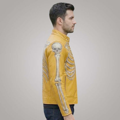 Stylish yellow motorcycle leather jacket with skeleton punk design for men