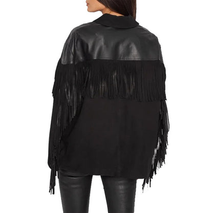 Suede Fringe Jacket with Genuine Leather Shoulder - Western Cowgirl Shirt Jacket
