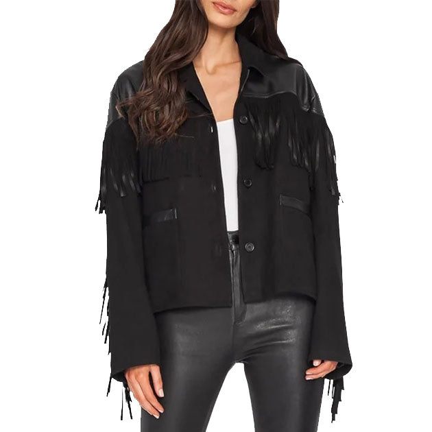 Suede Fringe Jacket with Genuine Leather Shoulder - Western Cowgirl Shirt Jacket