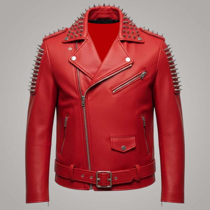 Best gothic punk biker jacket in red genuine cowhide leather for men