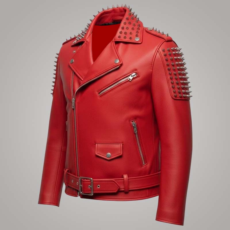 Stylish red motorcycle leather jacket with sugar skull artwork for bikers