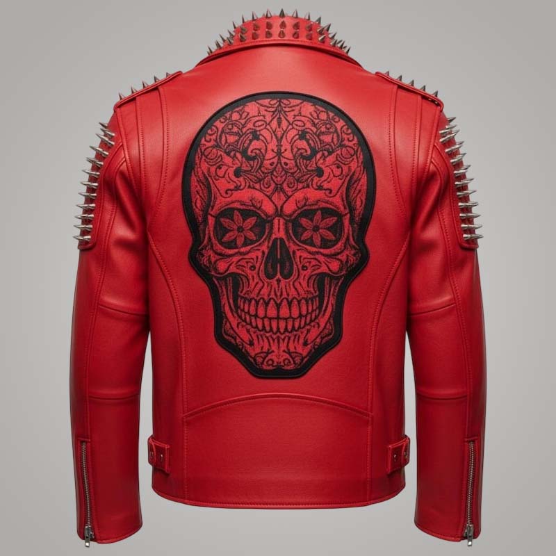 New men's red sugar skull leather biker jacket made from genuine cowhide leather