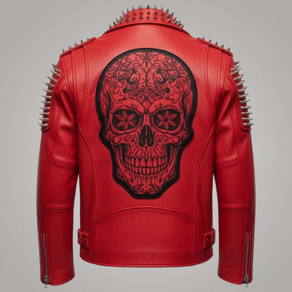 New men's red sugar skull leather biker jacket made from genuine cowhide leather