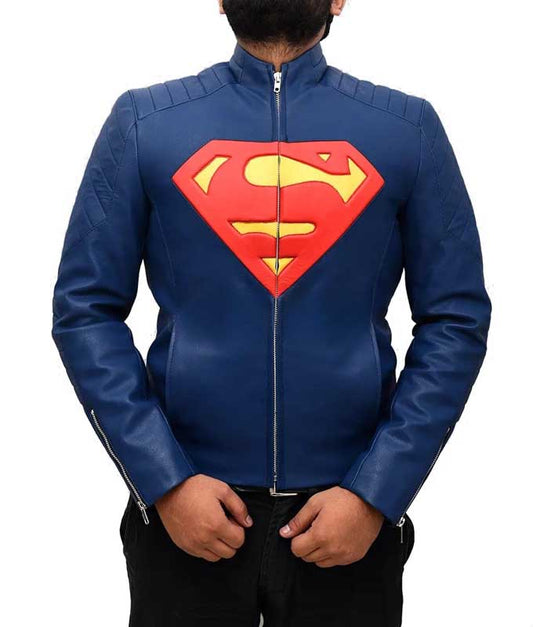 Superman 2025 Blue Real Leather Jacket with Stand Collar