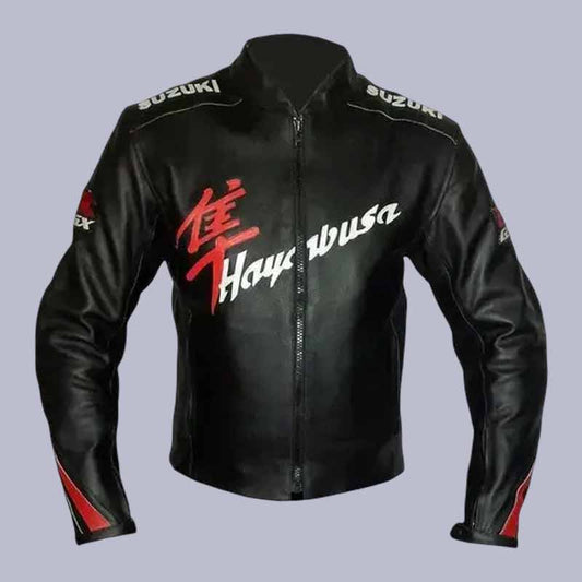 Men's Suzuki Hayabusa black cowhide leather racing jacket front view with CE armor