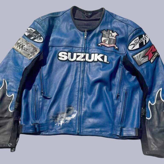 Men's Suzuki Rocket blue cowhide leather racing jacket front view with flame sleeves