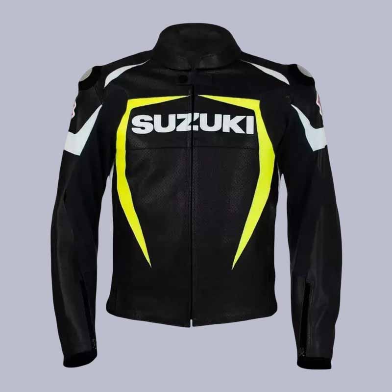Men's Suzuki Racing black cowhide leather biker jacket front view with CE armor