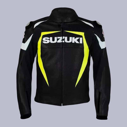 Men's Suzuki Racing black cowhide leather biker jacket front view with CE armor