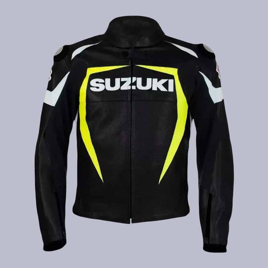Men's Suzuki Racing black cowhide leather biker jacket front view with CE armor