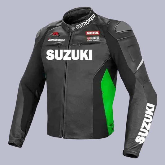 Men's Suzuki GSXR black cowhide leather racing jacket front view with green side panels