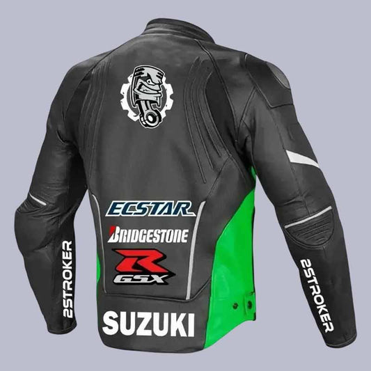 Back view of Suzuki GSXR black leather racing jacket with embroidered logos