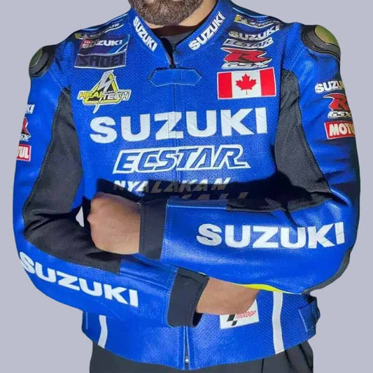 Men's Suzuki Ecstar blue cowhide leather racing jacket front view with CE armor