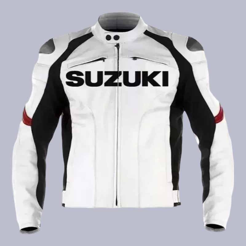 Men's Suzuki GSXR white cowhide leather motorcycle racing jacket with CE armor and embroidered GSX-R logo shown from front view