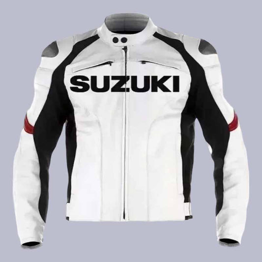 Men's Suzuki GSXR white cowhide leather motorcycle racing jacket with CE armor and embroidered GSX-R logo shown from front view