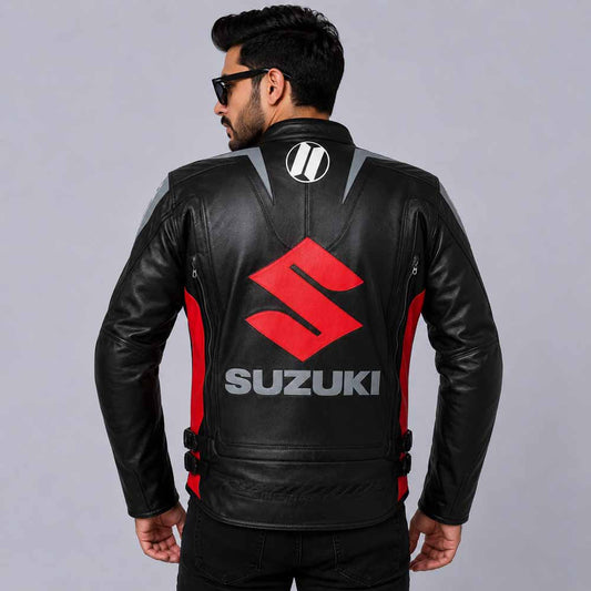 Men's Red Suzuki Racing Jacket in Genuine Leather with Performance Fit