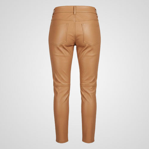 Slim fit tan leather trousers with double buckle waist straps