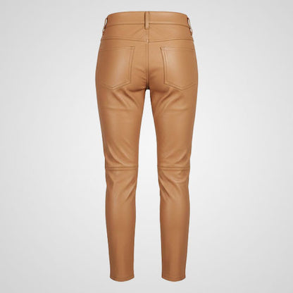 Slim fit tan leather trousers with double buckle waist straps