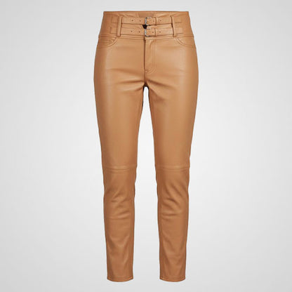 Tan genuine leather pants with slim fit modern cut