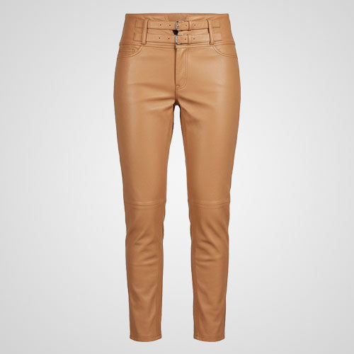 Tan genuine leather pants with slim fit modern cut