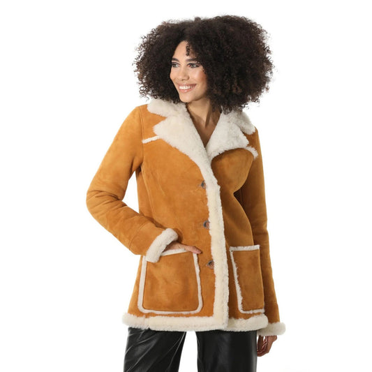 Women's Tan Suede Shearling Coat with White Fur